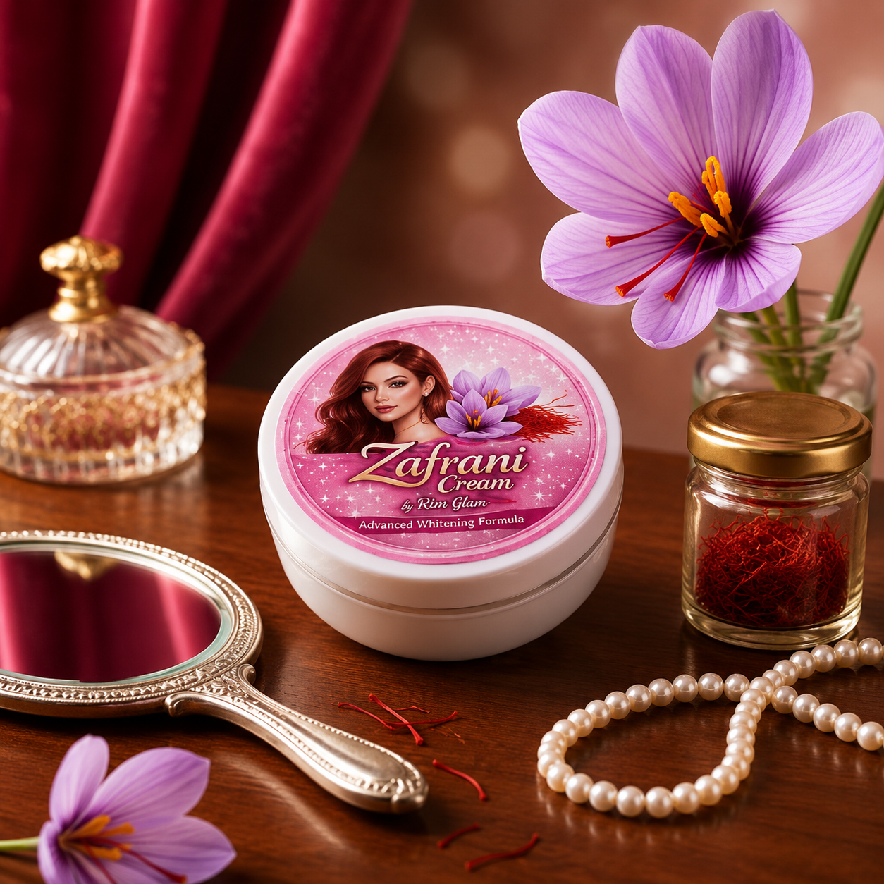 Rimglam Zafrani Cream jar with open lid showing pink cream